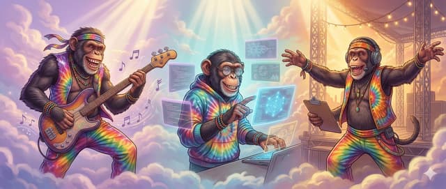Three chimpanzees representing Musical Performance, Technical Consulting, and Production