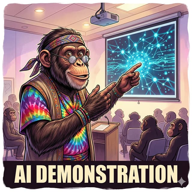 Chimpanzee presenting AI demo in conference room with projector