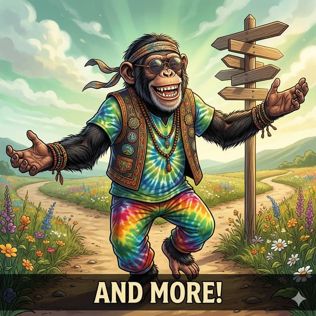 Chimpanzee at crossroads signpost in wildflower meadow