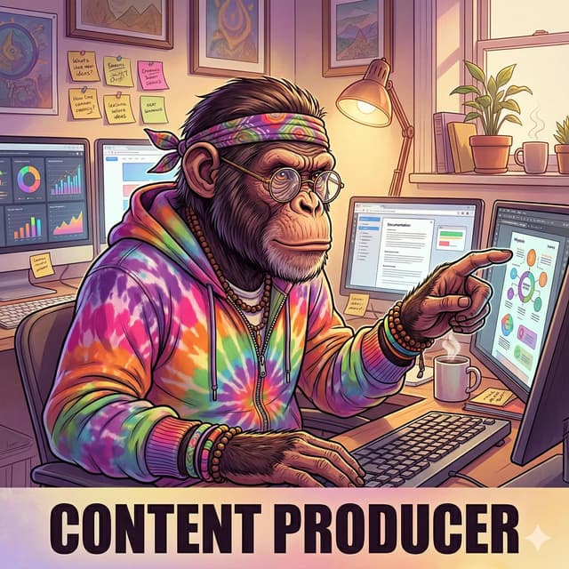 Chimpanzee at creative studio with multiple monitors and infographics