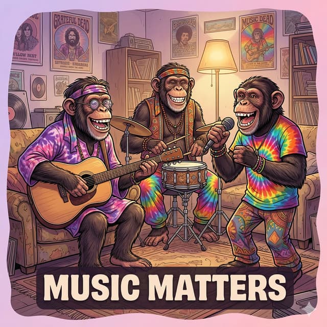 Three chimpanzees jamming in a living room with posters and bookshelf