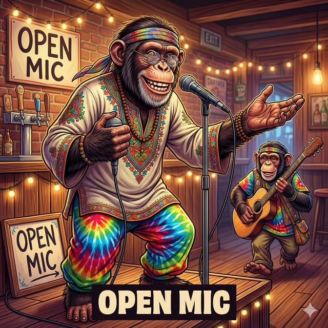 Chimpanzee hosting open mic night at a cozy bar